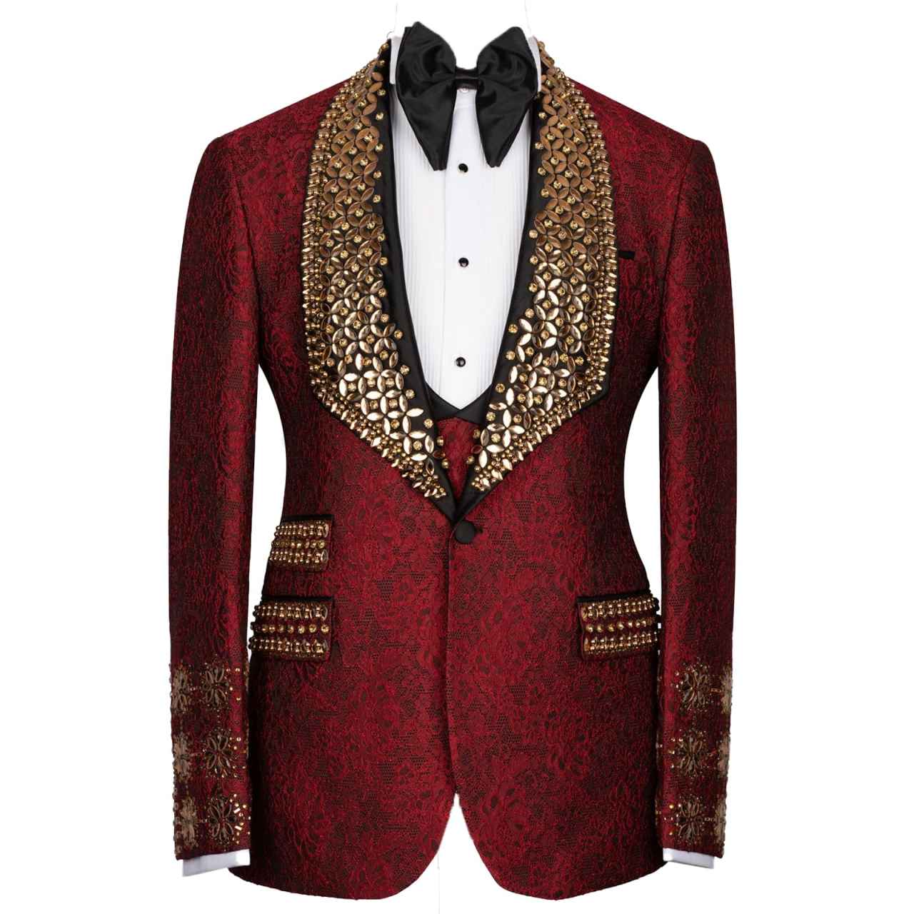 Slim Jacquard Tuxedo Jacket with Handcrafted Rhinestone, Formal Wedding & Prom Suit