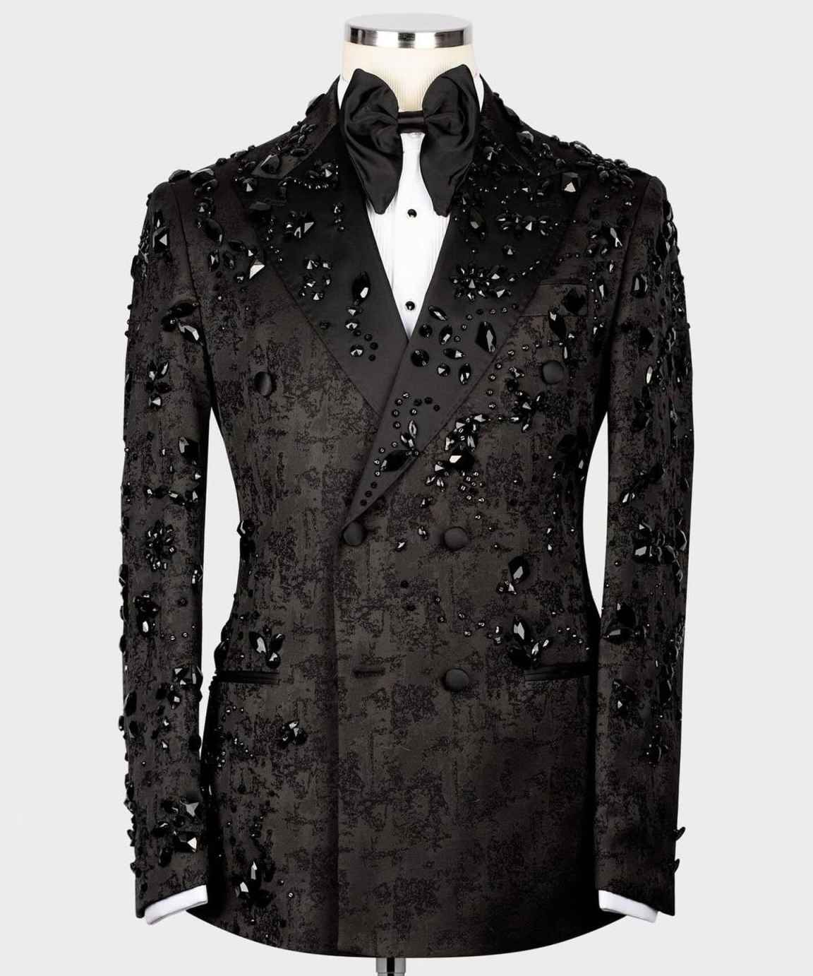 Mens Luxury 2 Pieces Jacquard Suit Slim Fit Dinner Tuxedo Blazers Jacket Pants with Rhinestone for Prom Party