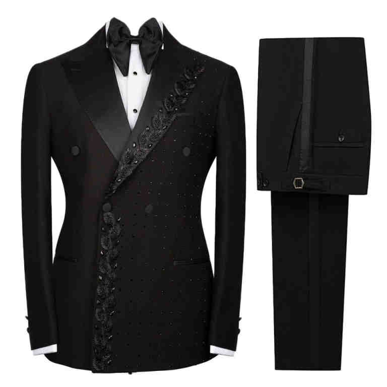Men's Feather Embroidery Rhinestone Double Breasted Tuxedo 2 Piece Suit