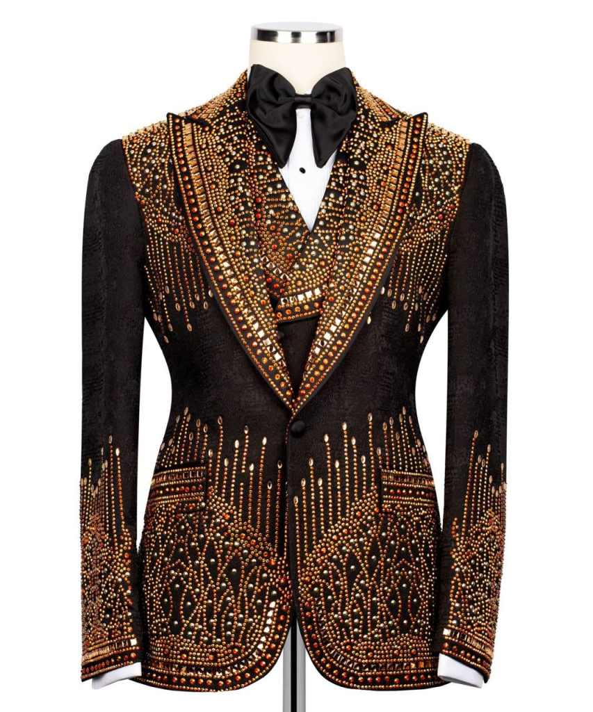 Men's 3-Piece Black Textured Tuxedo Suit, Full Body Gradient Gold Brown AB Rhinestones Shawl Lapel Matching Waistcoat & Trousers for Stage Wedding Banquet