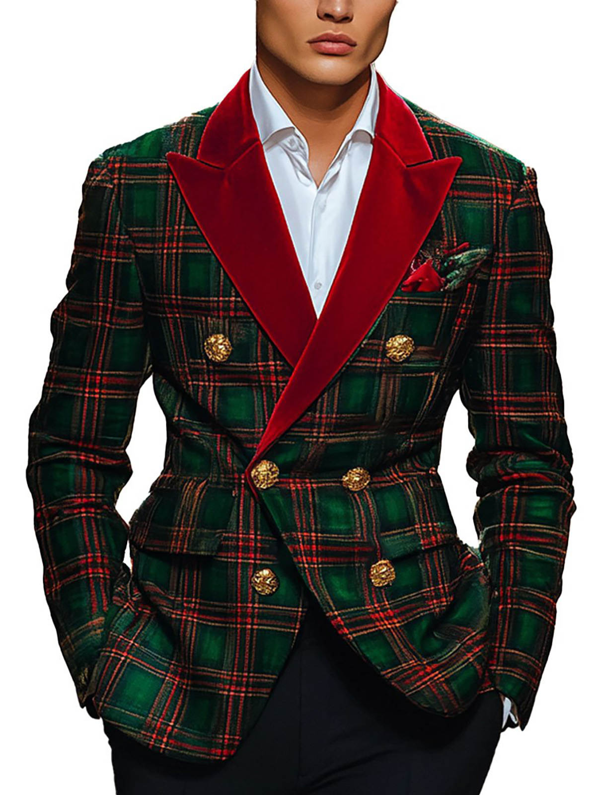 Men's Vintage Green Red Tartan Double Breasted Blazer, Red Velvet Peak Lapel Gold Buttons Formal Jacket for Banquet Holiday