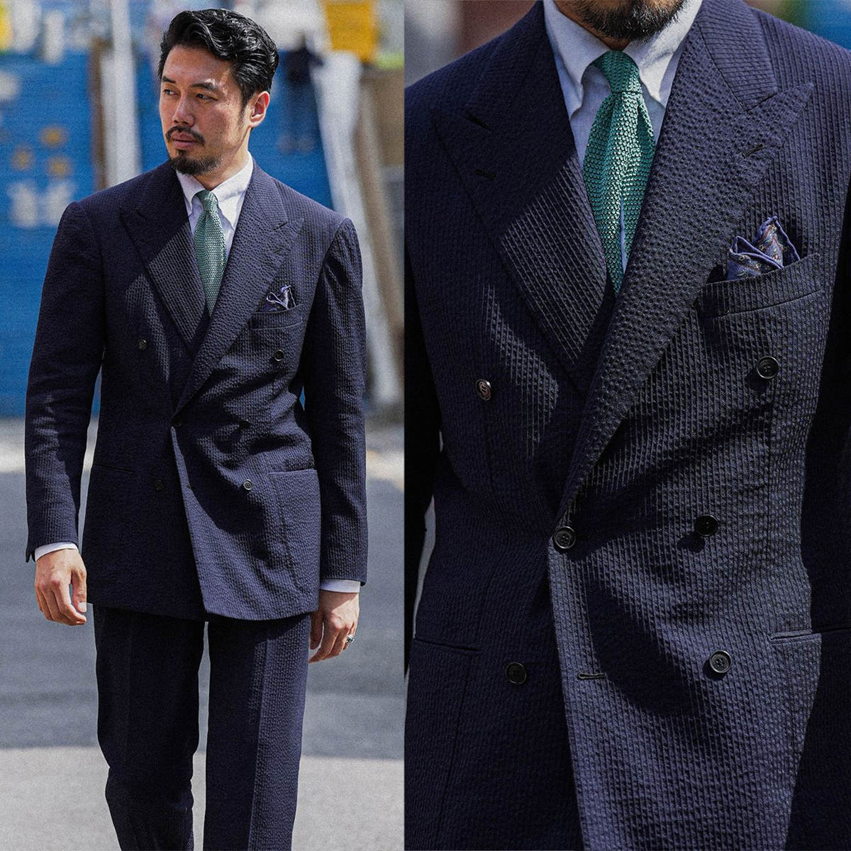 Seersucker Two Piece Double Breasted Men's Suit Wedding 2026 Peak Lapel Beach Evening Suit Customized trajes para hombre