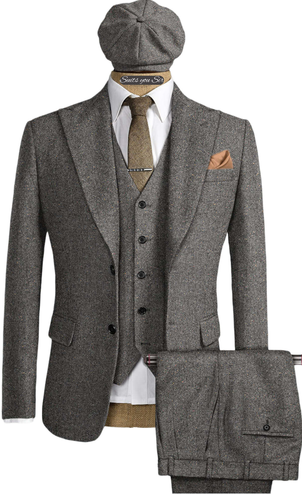 Men's Vintage Herringbone Tweed 3 Piece Suit with Matching Flat Cap