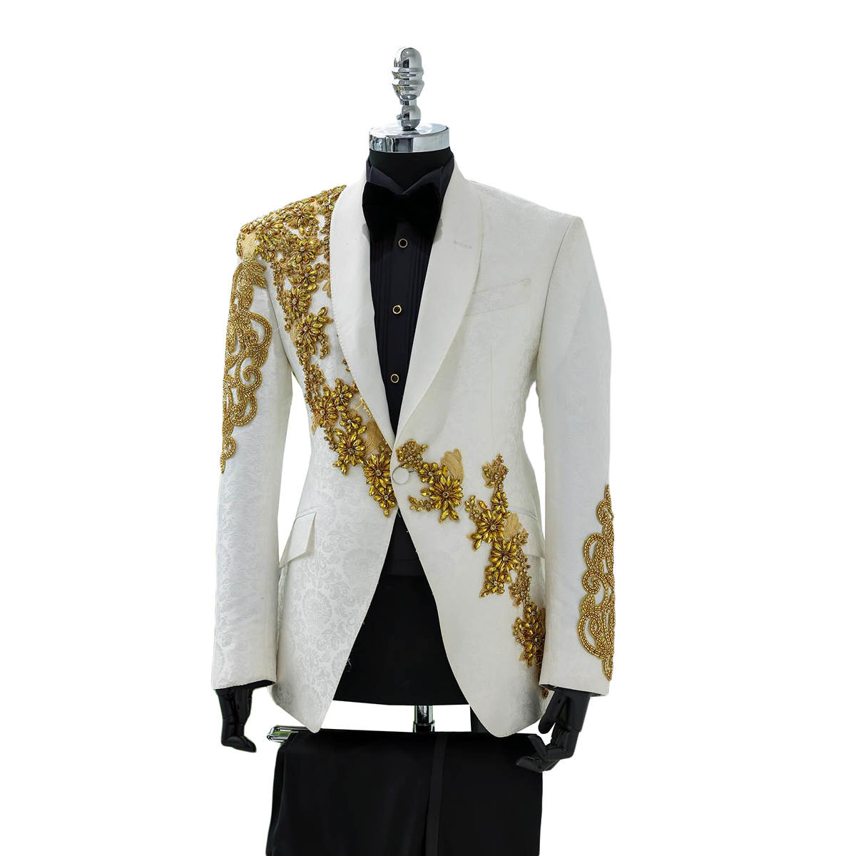 Men's Slim White Jacquard Tuxedo with Gilded Floral Beading | Formal Suit for Groom Wedding Stage Hosting