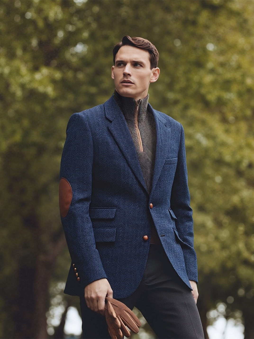 Men's Twill Soft Wool Sport Blazer, Vintage British Norfolk Jacket with Herringbone Notched Lapels & Elbow Patches, Wool Blend Fabric