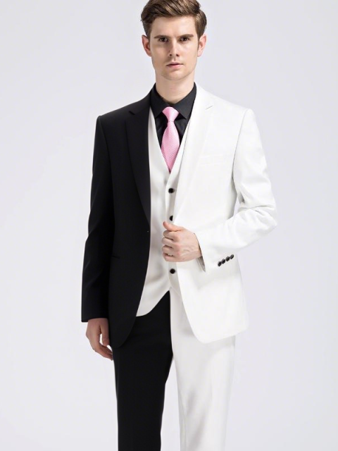 Men's 2-Piece Black White Split Color Block Suit, Single Button Slim Contrast Blazer & Trousers for Stage Show Fashion Runway