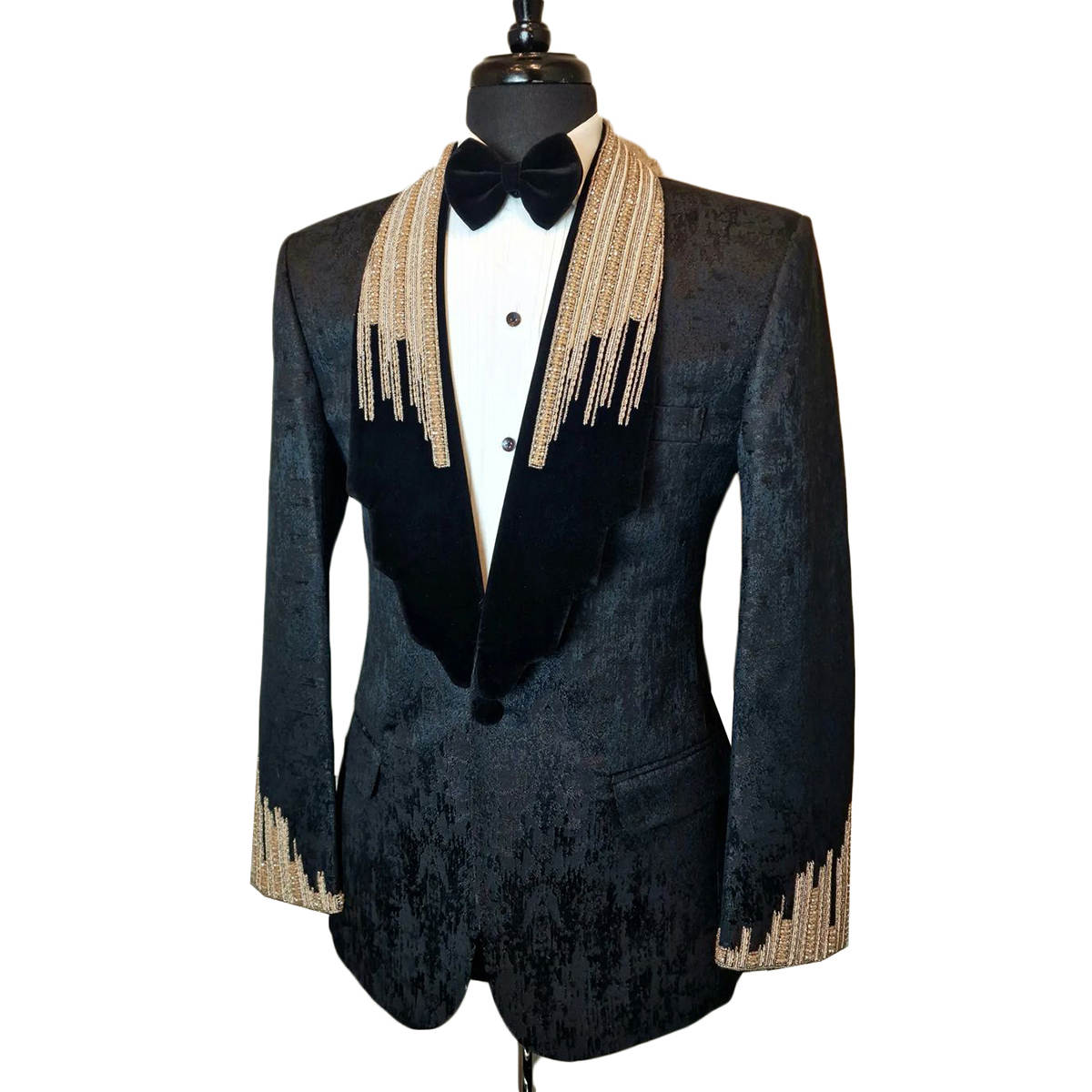 Men's Jacquard Tuxedo with Velvet Shawl Lapel & Heavy Gold Fringe Beading, Slim Fit Formal Suit for Groom Wedding Stage Hosting
