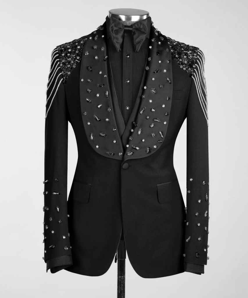 3 Piece Men's Tuxedo Suit with Rhinestones Luxury Prom Blazers Set | Slim Shawl Lapel Jacket Vest Pants Suit for Homecoming, Wedding, Party, Dinner