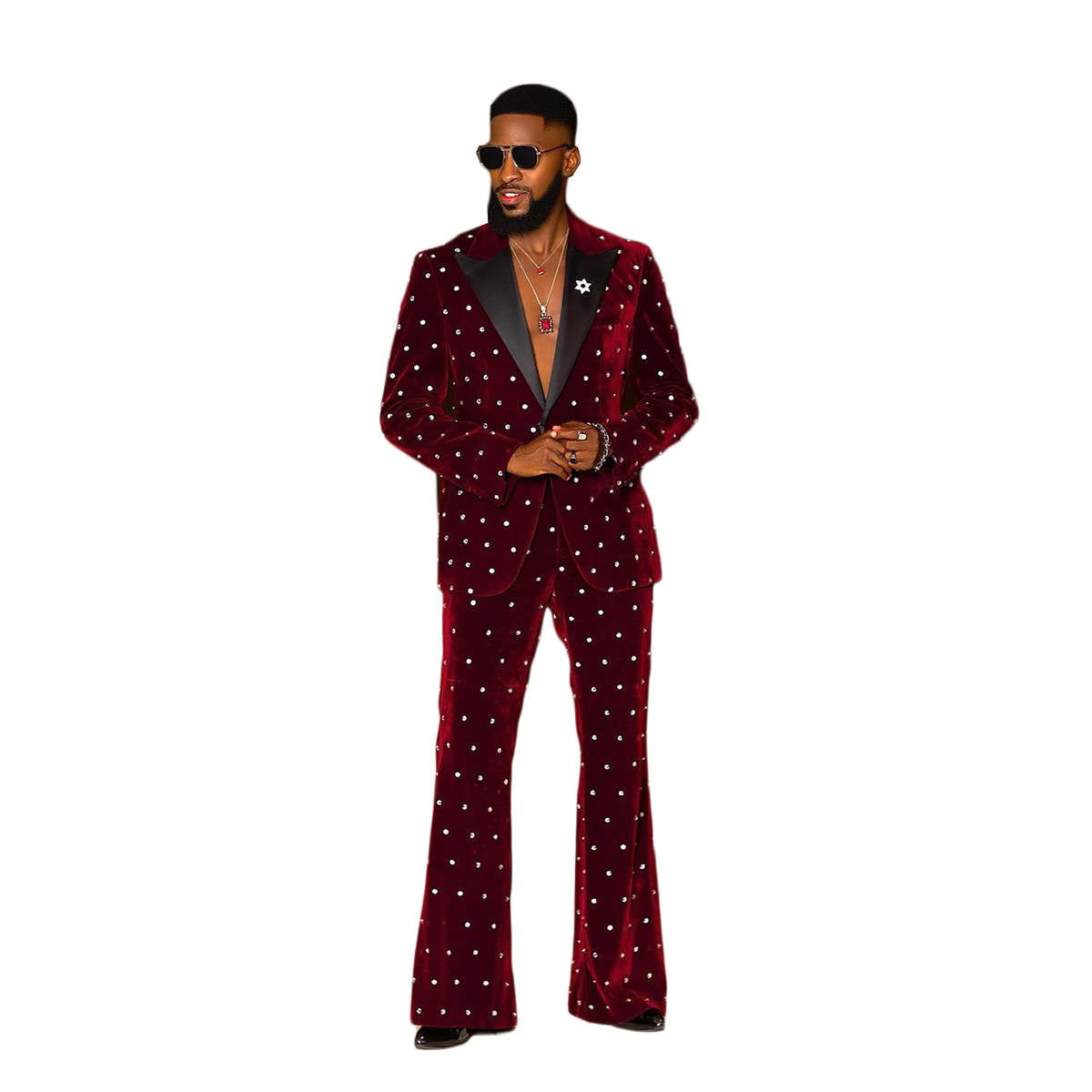 Men's 2-Piece Velvet Tuxedo Suit In 3 Colors, Satin Shawl Lapel Full White Rhinestones Flared Trousers For Singer Stage Wedding Party