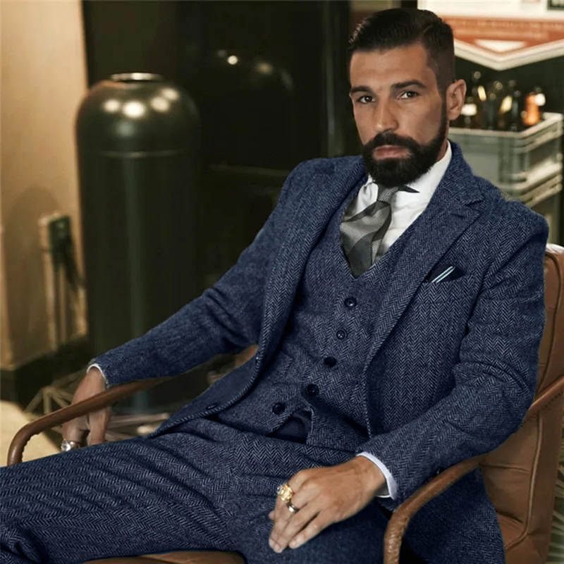 Men's Vintage Herringbone Tweed 3 Piece Suit Wool Blazer Waistcoat Trousers