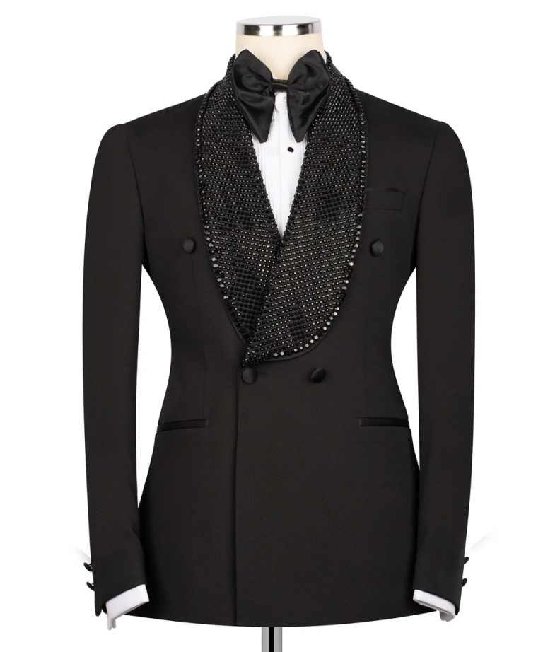 Men's Black Matte Double Breasted Tuxedo Jacket, Shawl Lapel Fully Covered Dense Black Rhinestones Slim Formal Blazer for Groom Banquet Stage Show