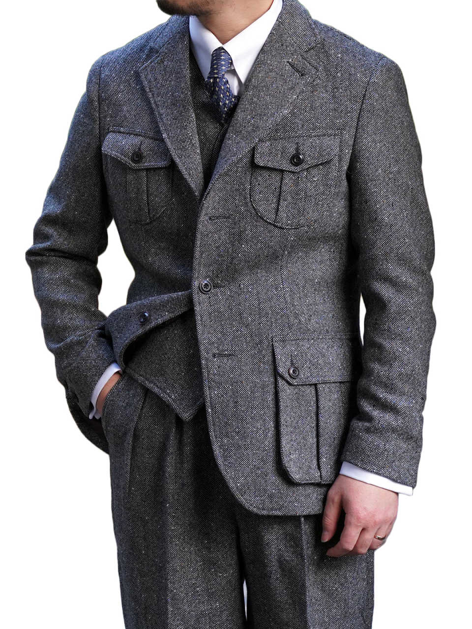 Men's Grey Speckled Tweed 3-Piece Safari Suit, Multi Cargo Pockets Notch Lapel Vintage Wool Blazer Waistcoat Trousers