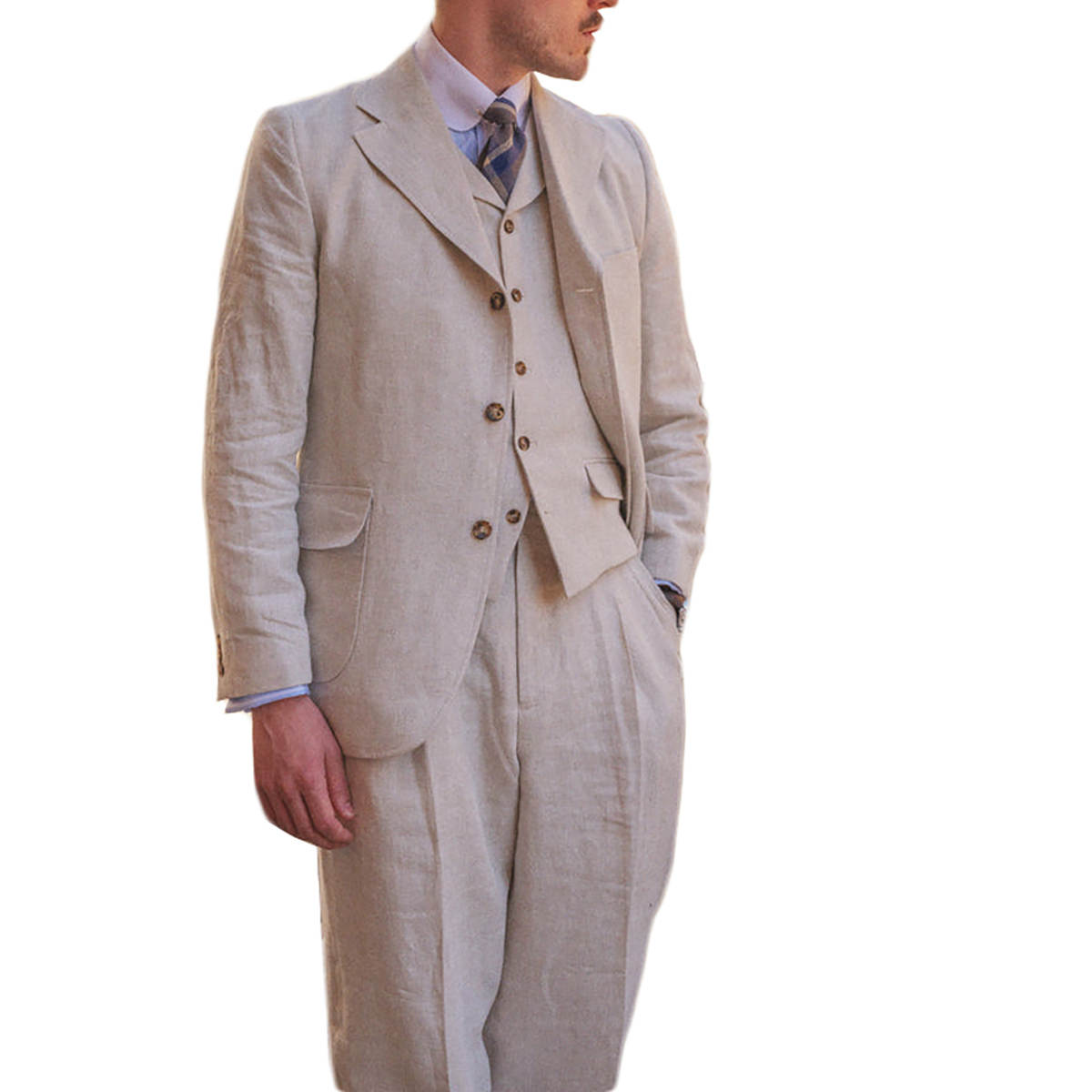 Men Natural Beige Linen Three Piece Suit Notch Lapel Vintage Casual Suit Jacket Vest Pants Summer Wedding Business Outfit