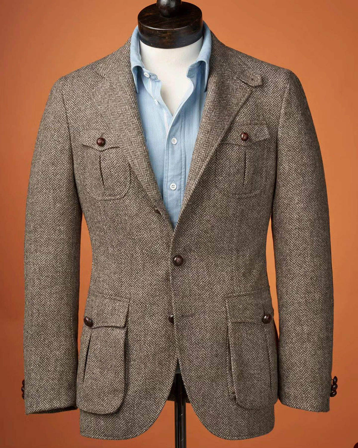 Men's Herringbone Twill Wool Blend Norfolk Jacket, Single Breasted Slim Fit Retro British Casual Sport Coat for Grooms
