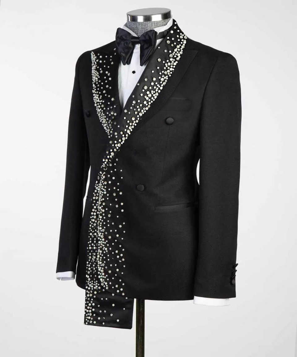 Men's Black Double Breasted Tuxedo Jacket with Gradient Waterfall Rhinestone Peak Lapel, Slim Formal Blazer for Groom Wedding Banquet Stage