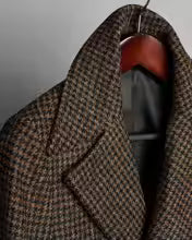 Men Dark Plaid Wool Coat Wide Lapel Double Breasted Mid Length Winter Business Casual Overcoat