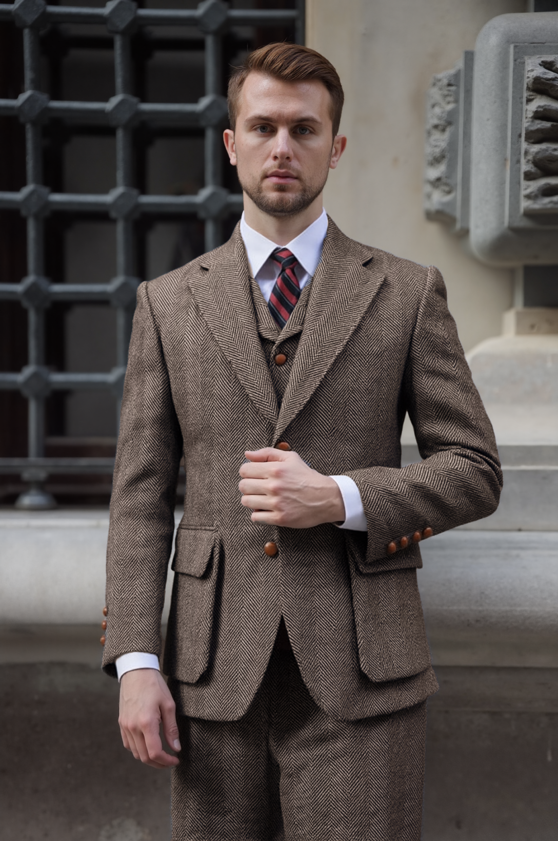 Men's Vintage Grey Herringbone Tweed 3 Piece Suit Wood Buttons Wide Notch Lapel