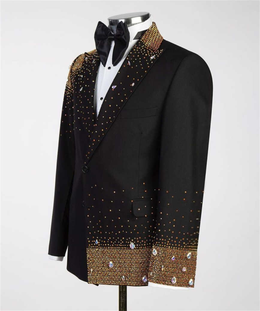 Men's Black Matte Tuxedo Jacket with Peak Lapel, Gradient Gold AB Rhinestones From Shoulder To Hem, Slim Formal Blazer for Groom Stage Banquet