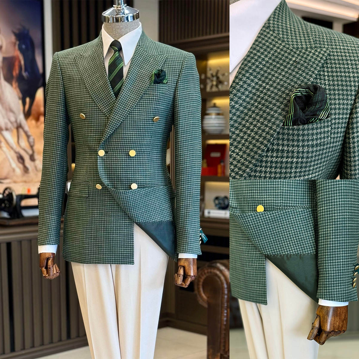 Men's Green Mini Houndstooth Wool Double Breasted Blazer, Peak Lapel Vintage British Sport Coat with Gold Metal Buttons