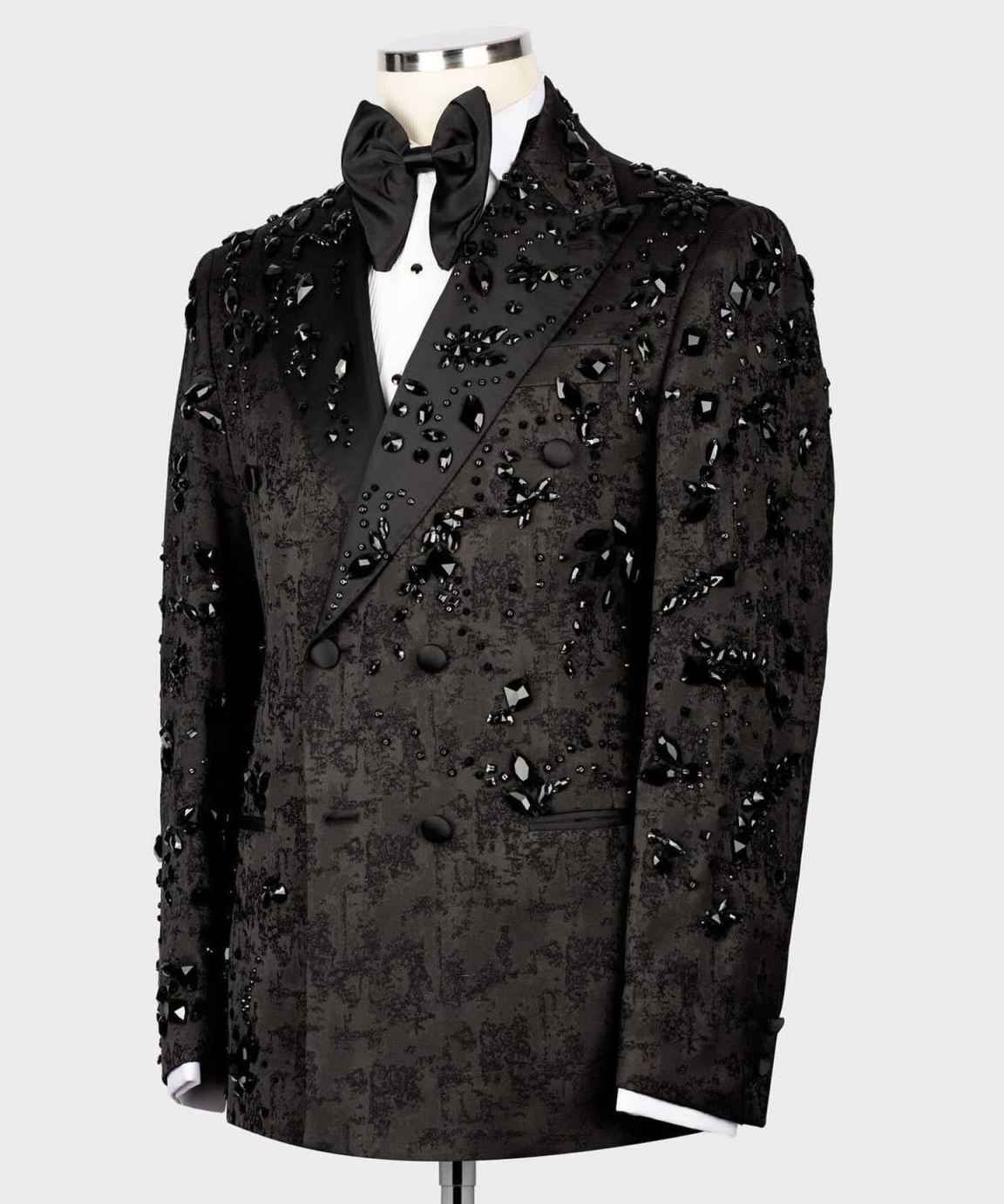 Mens Luxury 2 Pieces Jacquard Suit Slim Fit Dinner Tuxedo Blazers Jacket Pants with Rhinestone for Prom Party