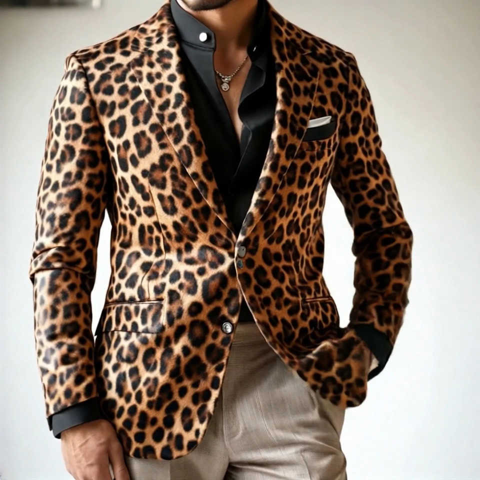 Men's Vintage Leopard Print Velvet Blazer, Notch Lapel Single Button Slim Trendy Casual Sport Coat For Street Commute