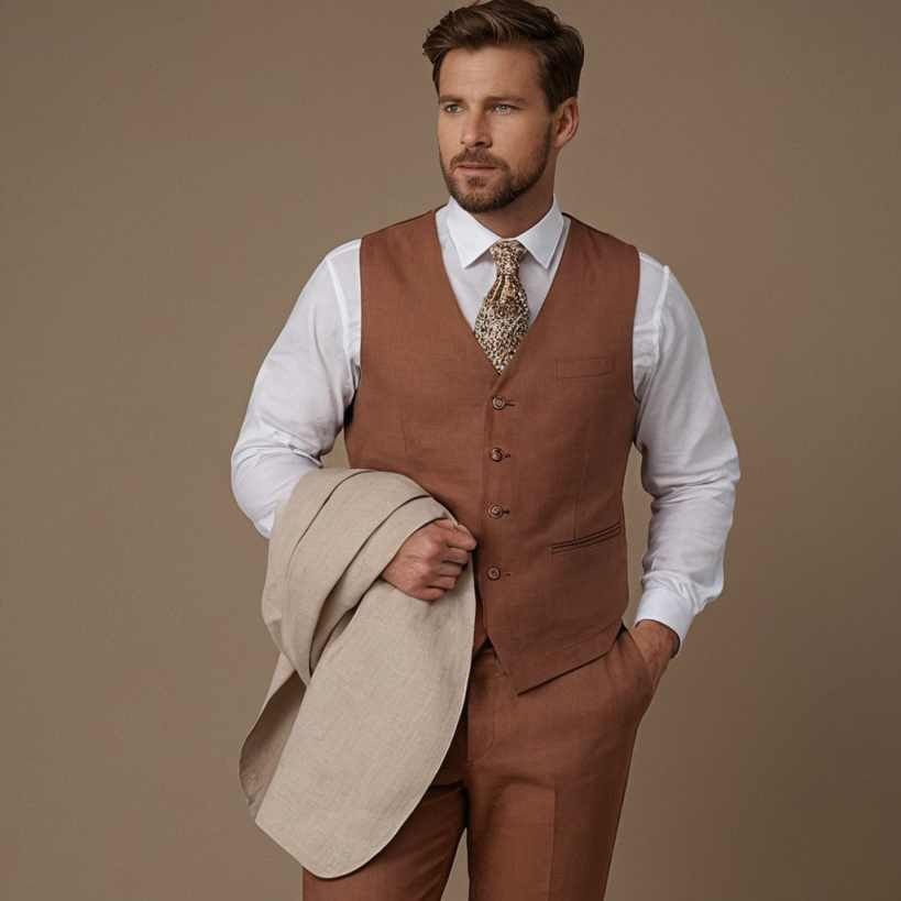 Men's Three Piece Suit Set, Notch Lapel Single Breasted Blazer and Waistcoat, Suitable for Formal Parties