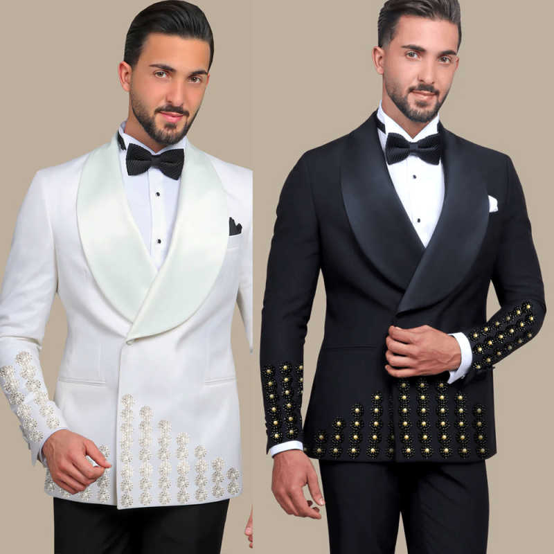 Men's Luxury Rhinestone Embellishments Tuxedo Blazer Shawl Lapel Double Breasted Prom Banquet Party Formal