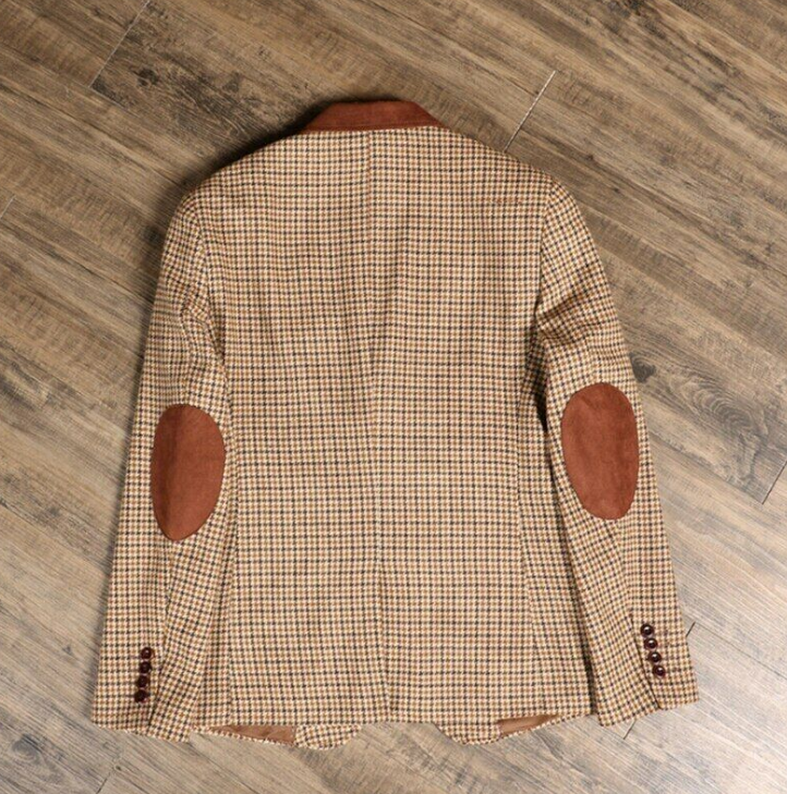 3 Pcs Men's Tweed Suit Retro Slim Houndstooth Blazer with Suede Patchwork Business Casual Jacket Vest Pants Sets