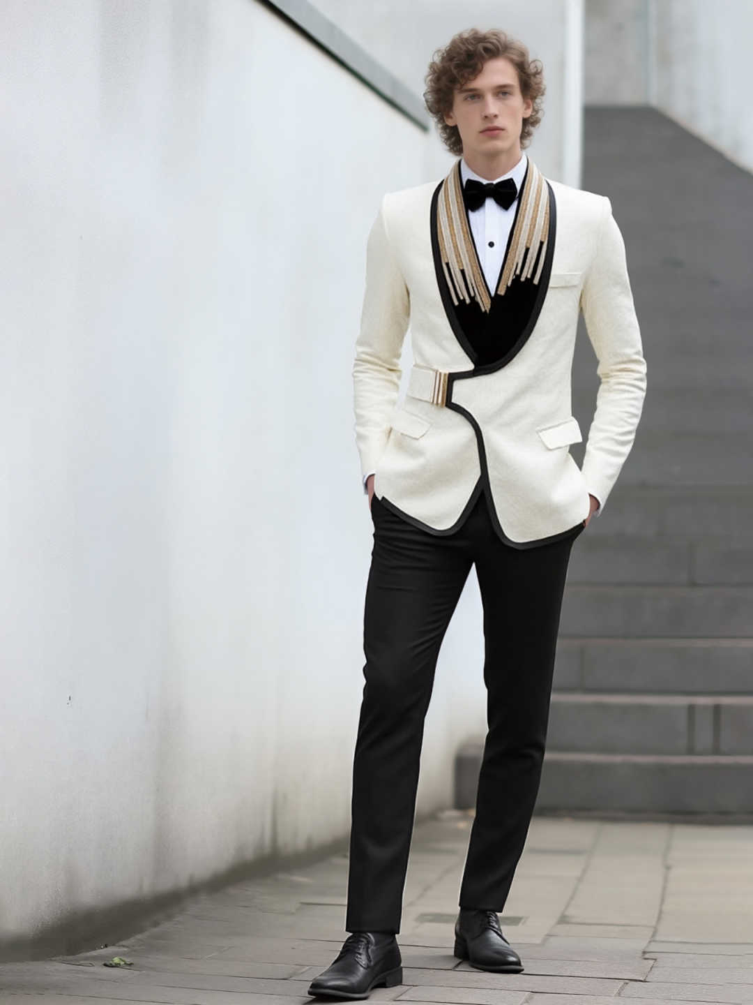Custom White Jacquard Slim Tuxedo with Gold Rhinestone Tassel Shawl Lapel for Wedding Host Groom
