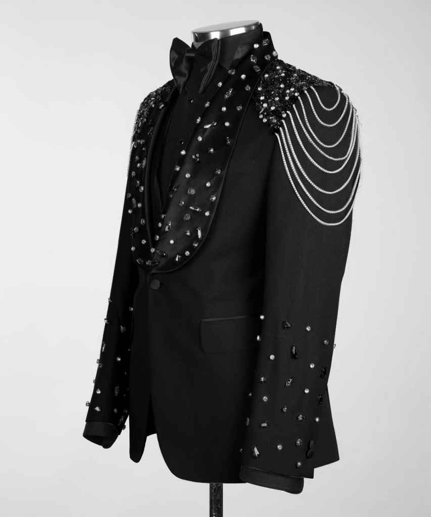 3 Piece Men's Tuxedo Suit with Rhinestones Luxury Prom Blazers Set | Slim Shawl Lapel Jacket Vest Pants Suit for Homecoming, Wedding, Party, Dinner