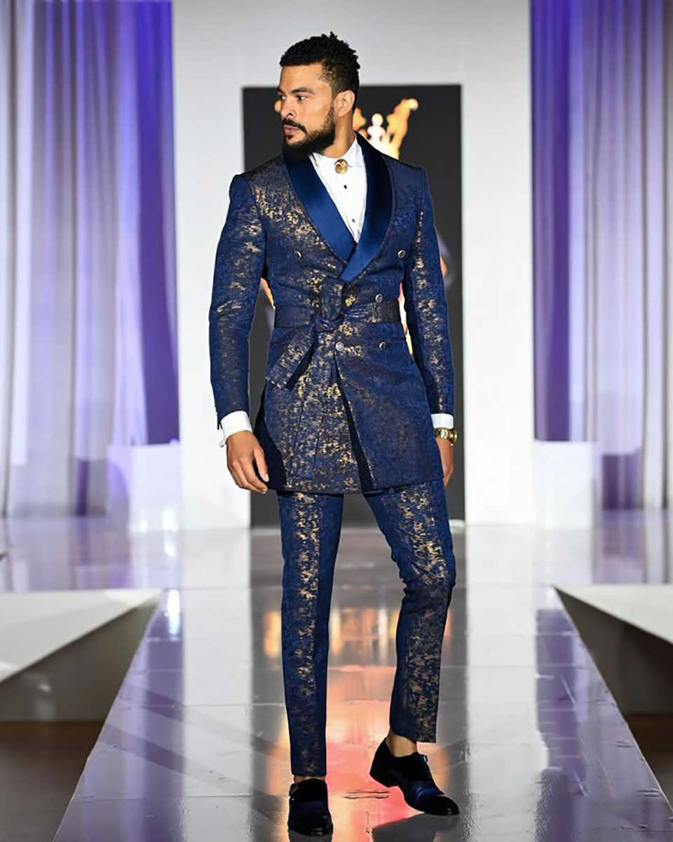 Jacquard Floral Wedding Suits For Groom Shawl Lapel Double Breasted Tuxedos 2 Pcs Jacket Pants Evening Party Prom Customized