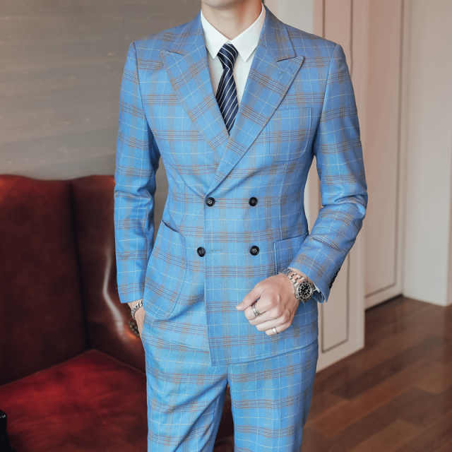 Men's Plaid Tuxedo Jacket Vest Pants 3 Piece Long Sleeve Business Wedding Double Breasted Checkered Suit Set Formal Prom