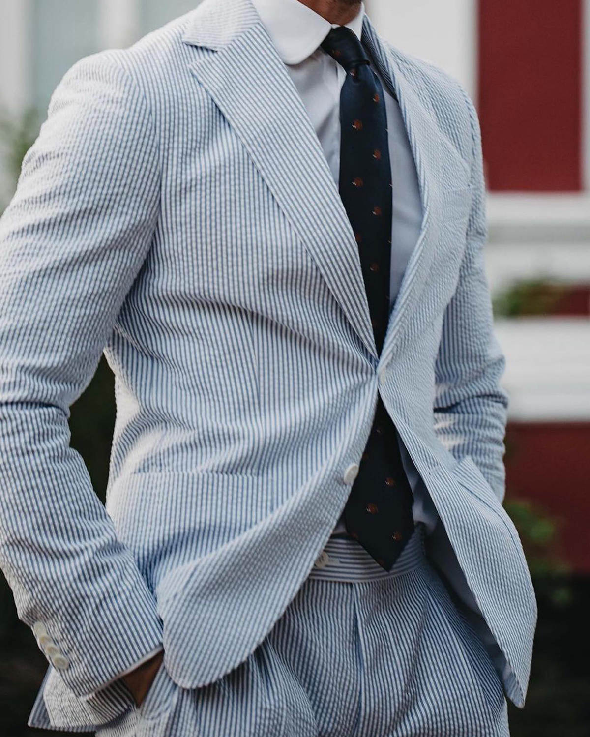 Men Blue White Striped Seersucker Suit Peak Lapel Slim Fit 2 Piece Jacket Pants Summer Beach Wedding Casual Business Suit Set
