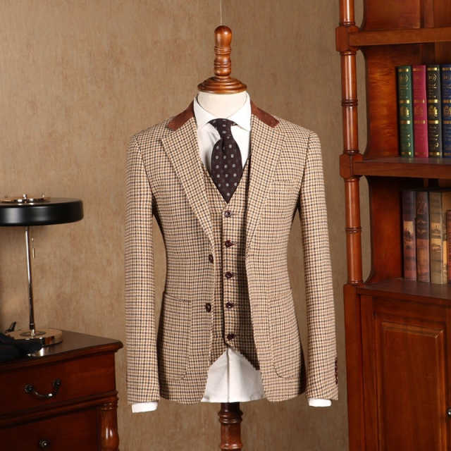 Retro 3 Piece Brown Tweed Herringbone Wedding Suits Regular Fit Blazer Vest Pants Set for Prom Dinner Business