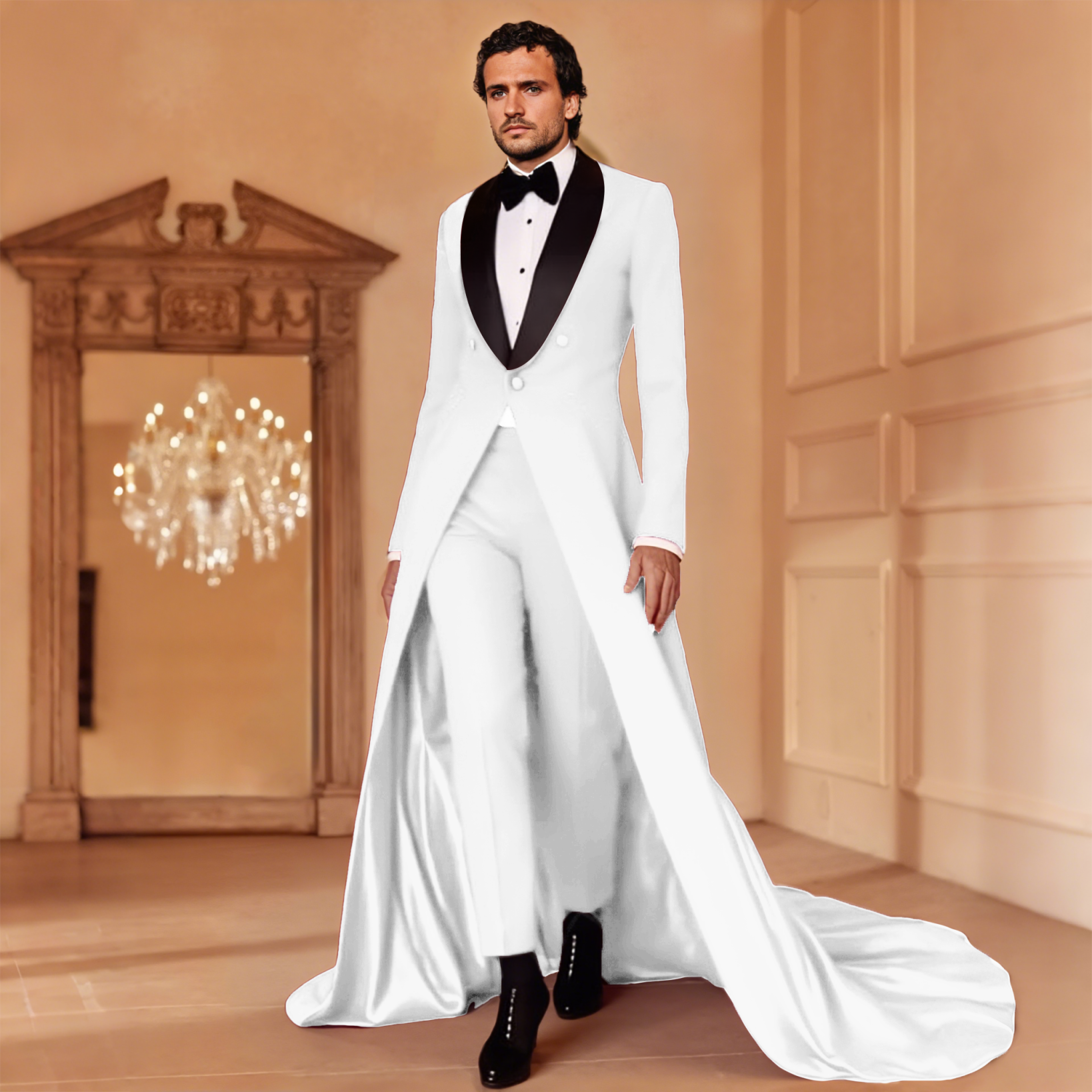 Men's Satin Long Train Tailcoat Tuxedo Peak Lapel Wedding Groom Stage Suit Jacket