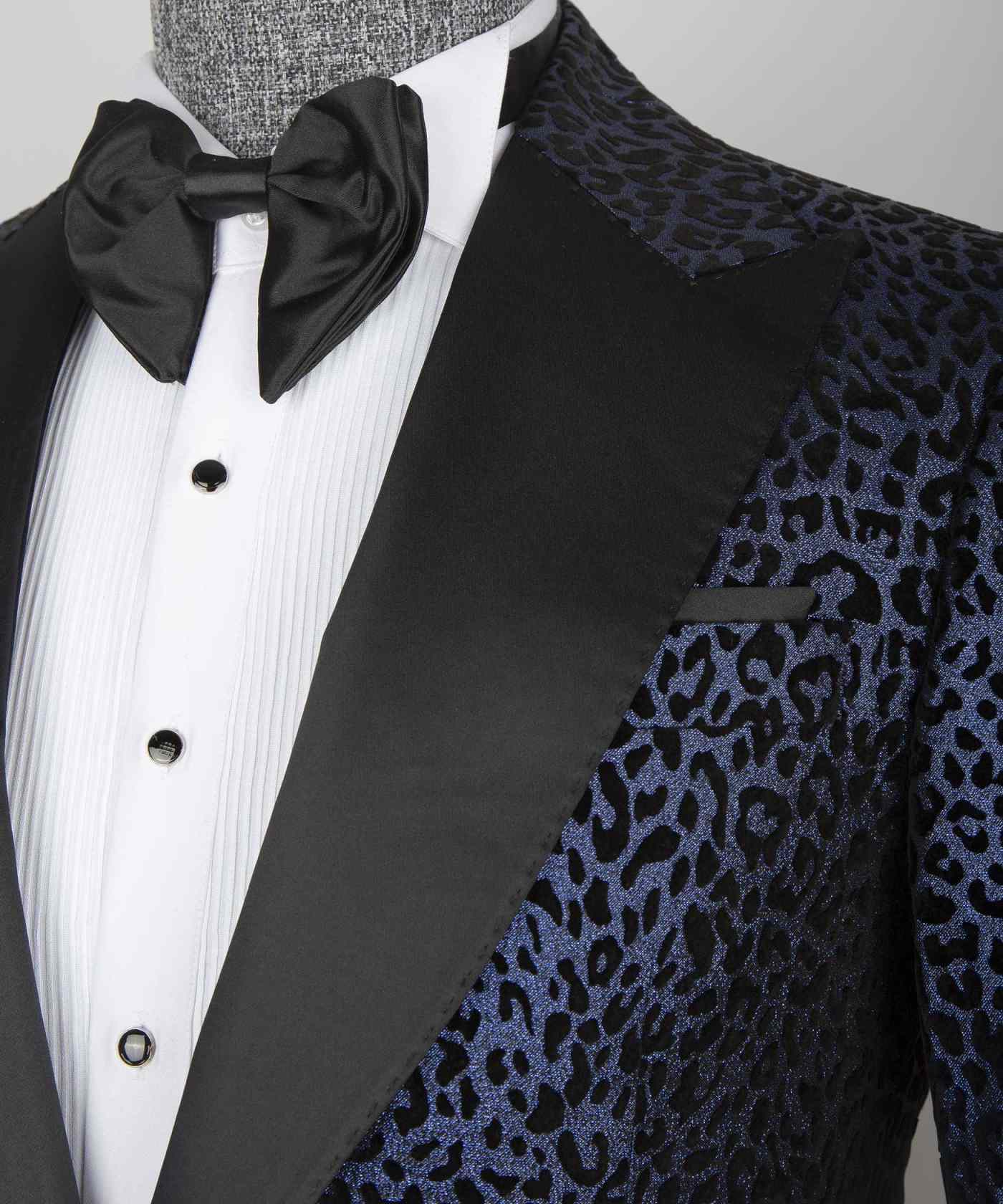 Navy Blue 2Pcs Fashion Single Button Peak Lapel Leopard Print Wedding Suits For Men Party Tuxedos Slim Fit Customized