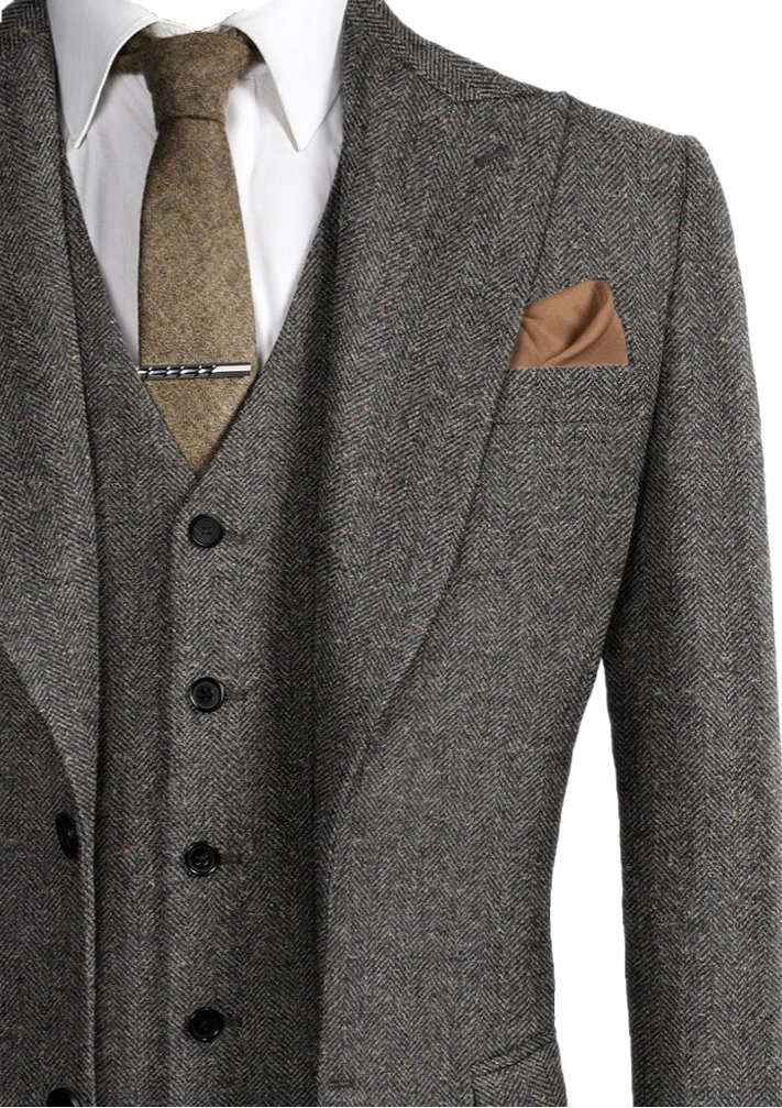 Men's Vintage Herringbone Tweed 3 Piece Suit with Matching Flat Cap
