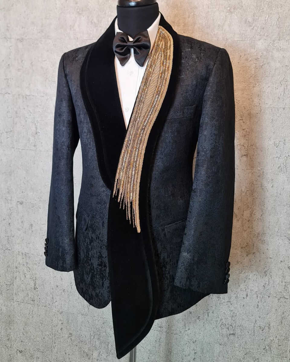 Men's Black Textured Jacquard Tuxedo Jacket with Scalloped Velvet Shawl Lapel, Gold & Black Handmade Fringe Rhinestone Formal Blazer for Wedding Stage Show