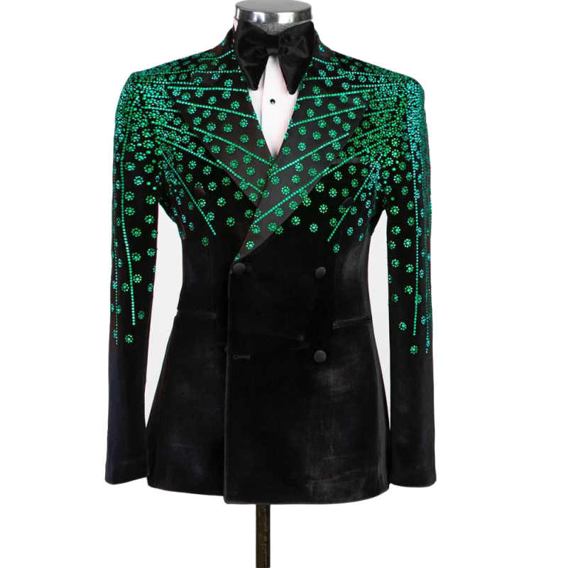 Men Suits Wedding Tailor-Made One Piece Peaked Lapel Double Breasted Beaded Velvet Blazer Groom Work Wear Customized Only Jacket