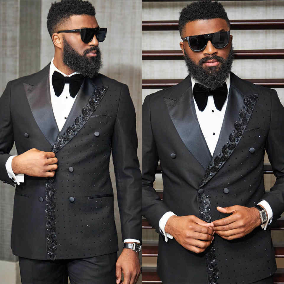 Men's Feather Embroidery Rhinestone Double Breasted Tuxedo 2 Piece Suit