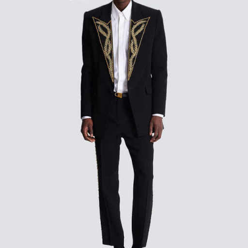 Men's 2-Piece Black Tuxedo Suit, Peak Lapel Symmetric Gold Wheat Embroidery, Slim Blazer & Trousers With Side Gold Stitch For Wedding Stage Banquet