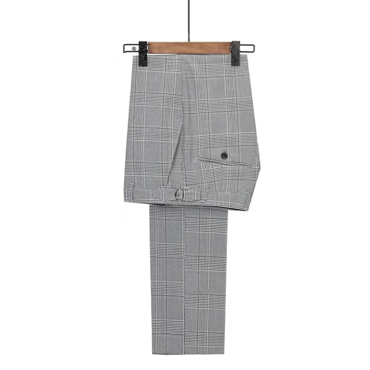 Men's Grey Prince of Wales Check Double Breasted Suit 2-Piece Slim Fit Business Wedding Blazer & Trousers