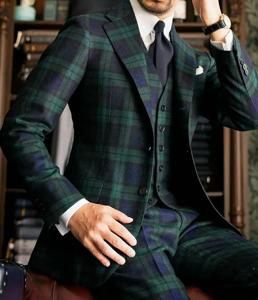 Men's Vintage Plaid Wool 3 Piece Suit, Tweed Blazer Vest Pants Wedding Formal Suit