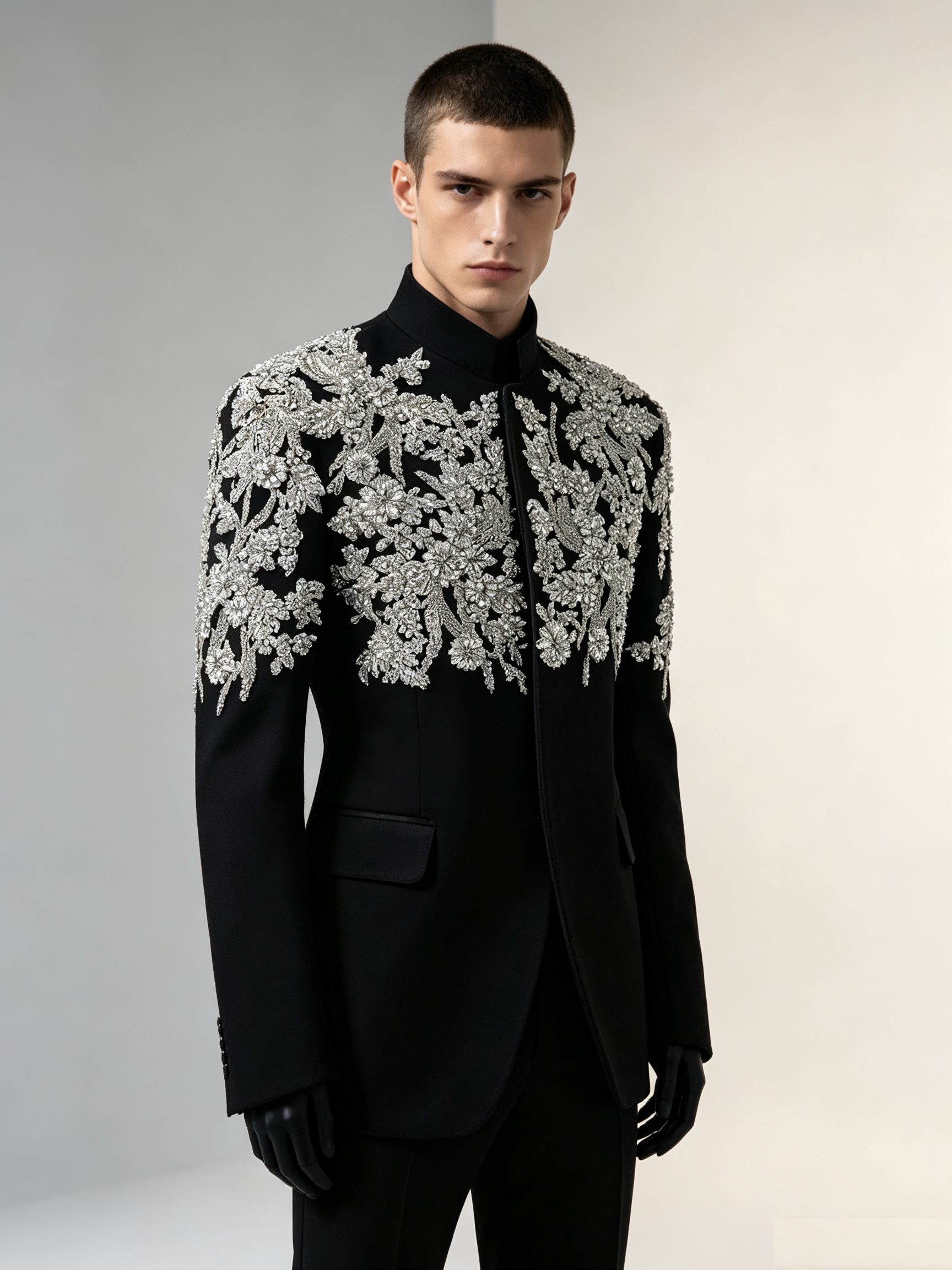 Men's Mandarin Collar Luxury Hand Beaded Floral Embroidered Tuxedo Wedding Suit Jacket