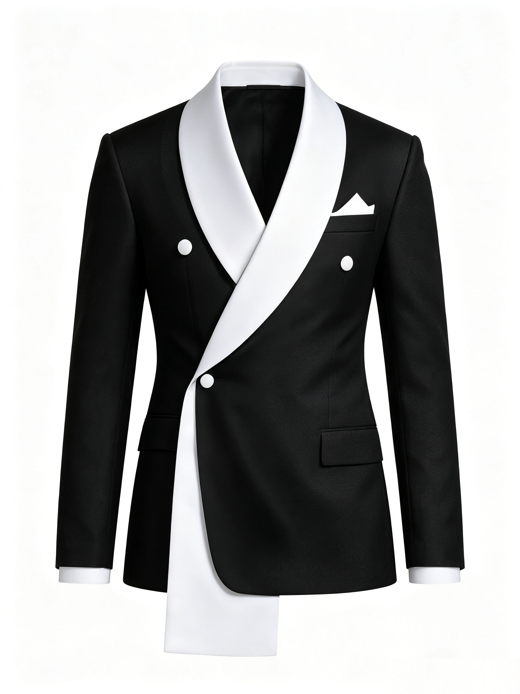 Men's Asymmetric Satin Shawl Lapel Double Breasted Tuxedo Black & White Formal Suit
