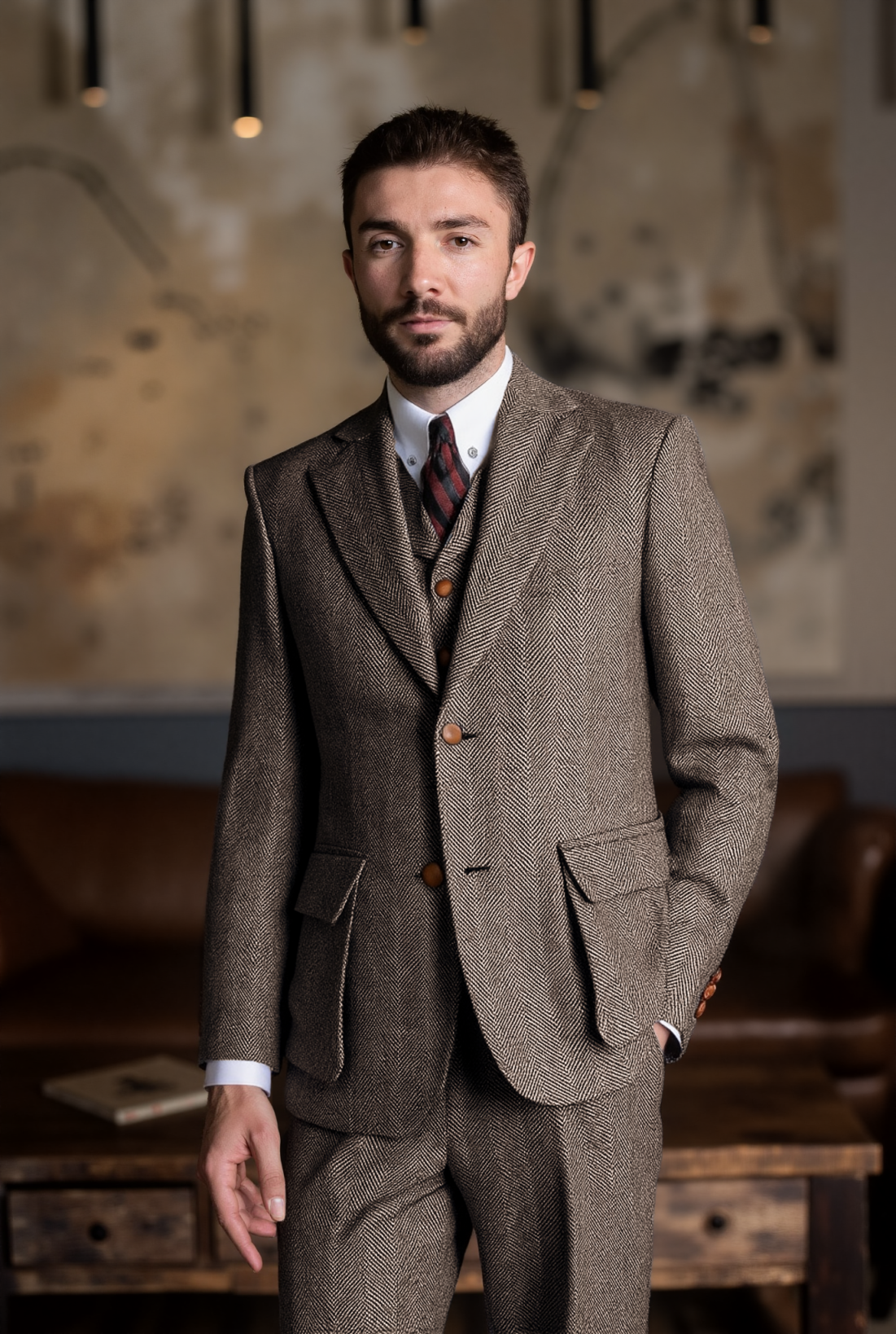 Men's Vintage Grey Herringbone Tweed 3 Piece Suit Wood Buttons Wide Notch Lapel
