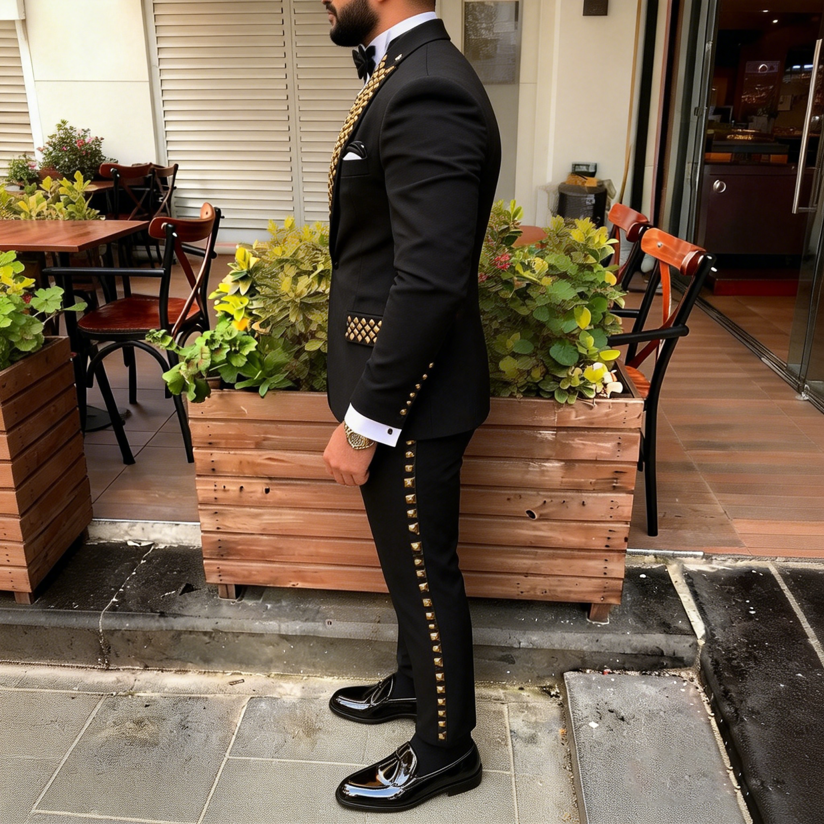 Men Black 3 Piece Tuxedo with Gold Square Studs Lapel Slim Fit Wedding Party Stage Formal Suit