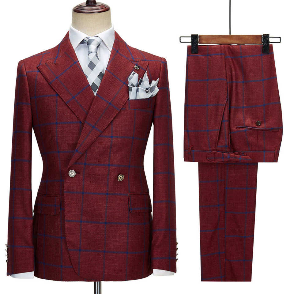 Men's Checked Blazer Peak Lapel Double Breasted Buttons Coat for Daily Business Trip