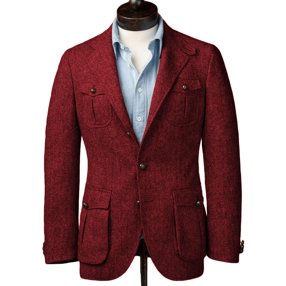 Men's Herringbone Twill Wool Blend Norfolk Jacket, Single Breasted Slim Fit Retro British Casual Sport Coat for Grooms