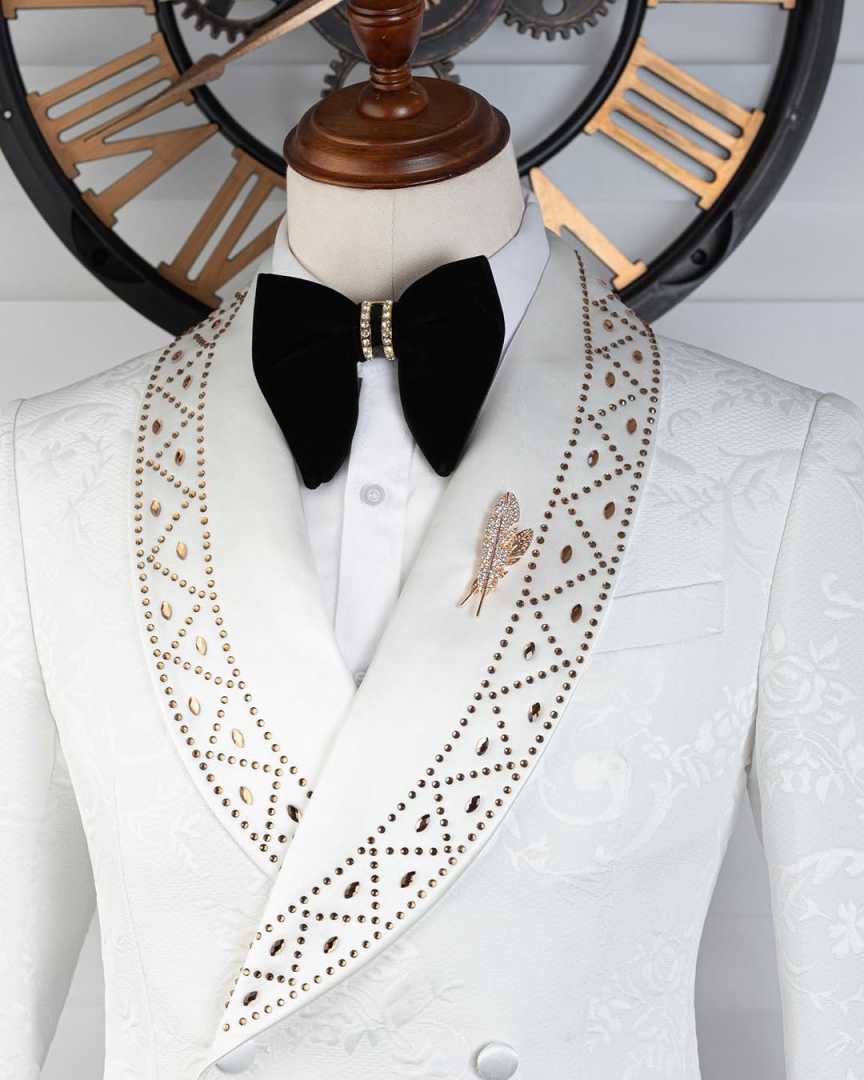Elegant Wedding Suits For Groom Shawl Lapel Double Breasted Rhinestone Tuxedos 2 Pcs Jacket Pants Party Prom Customized